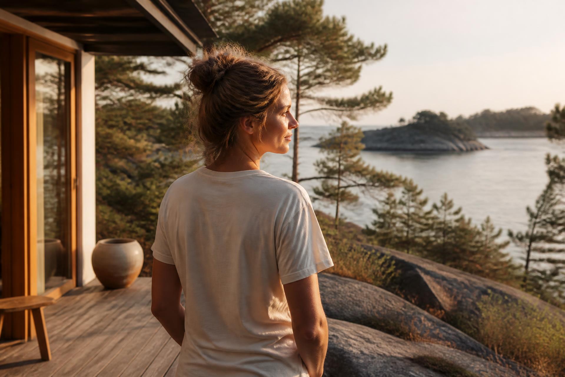 Sommarhus vid en sjö i skymningen